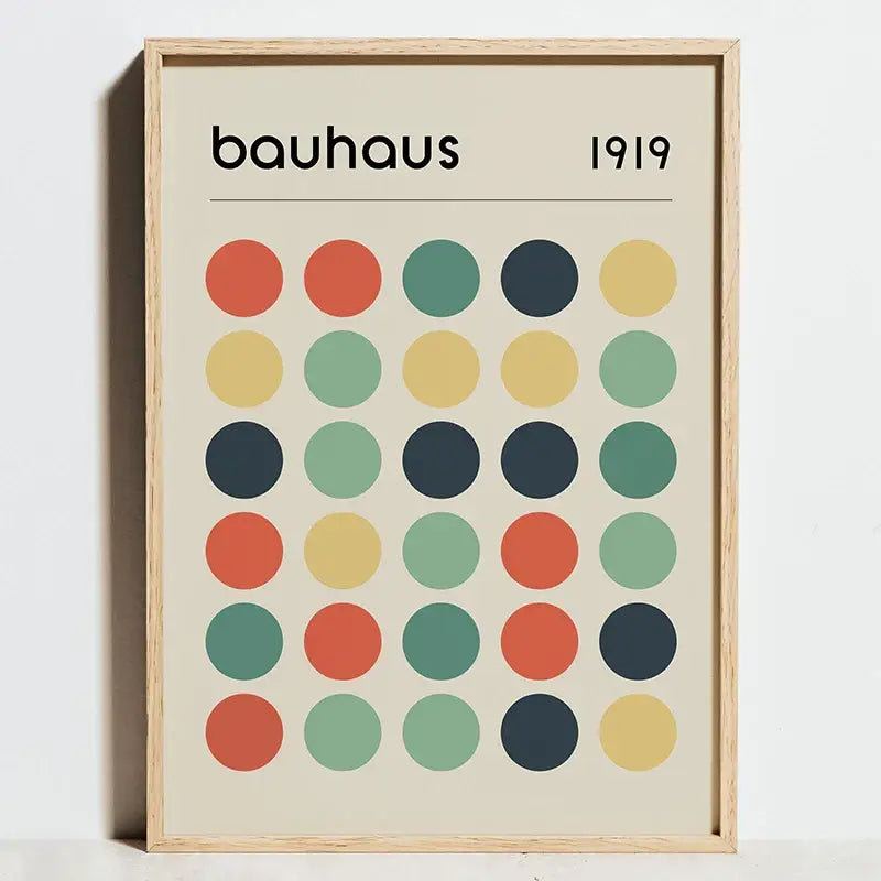 Minimalist framed decorbites modern geometric bauhaus exhibition poster with colorful circles on off-white background