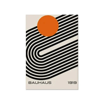 DecorBites™ modern geometric canvas wall art print with bauhaus-inspired black and white stripes and orange sun on cream background