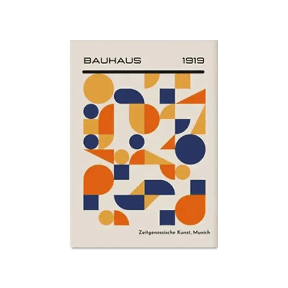 Decorbites™ modern geometric canvas wall art featuring bold orange and navy bauhaus shapes on a cream background