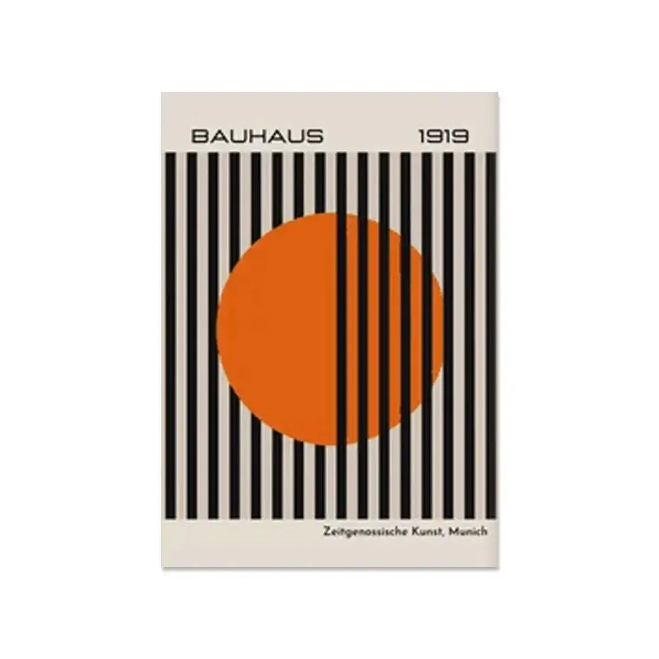Decorbites™ modern geometric canvas wall art print featuring a bold orange circle with black stripes on off-white background