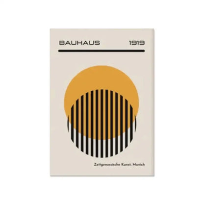 Minimalist bauhaus wall art featuring a bold mustard-yellow circle with black stripes on off-white geometric canvas wall