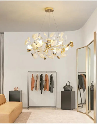 DecorBites™ modern gold-toned ginkgo LED chandelier with white leaf shades for elegant dining room lighting