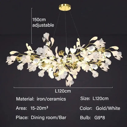 DecorBites modern ginkgo leaf led chandelier with white ceramic blossoms and gold iron branches for dining room lighting
