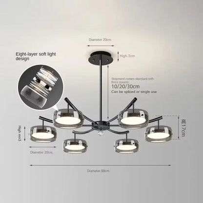 Modern black metal pendant light with eight glass globe shades and central crystal accent for dining table use