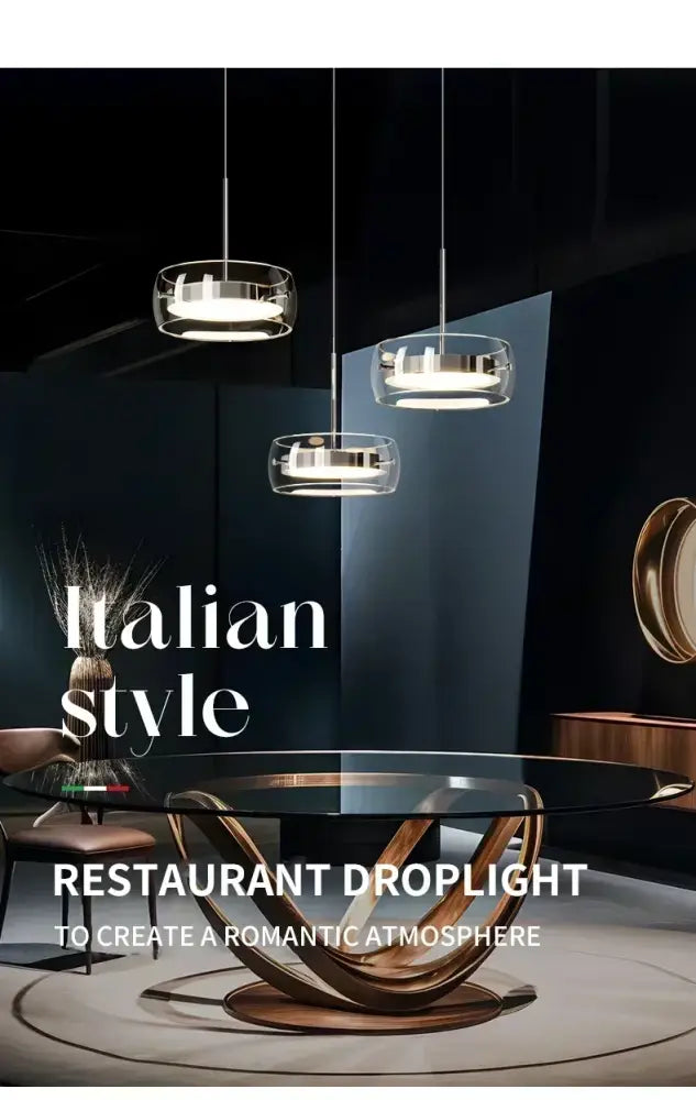 Modern glass pendant light with sleek metallic frames hanging above dining table for elegant italian-style decor