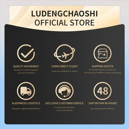 Ludengchaoshi official store promotional graphic with gold icons on black background for DecorBites modern glass dining table pendant light