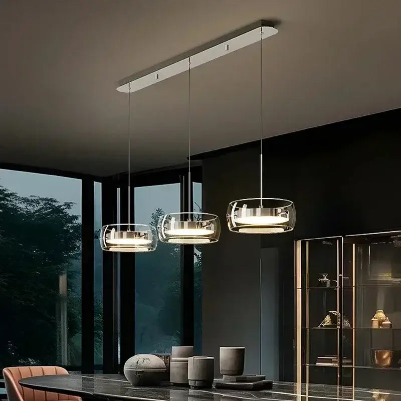 Decorbites modern glass dining table pendant light with transparent glass shades and polished chrome accents