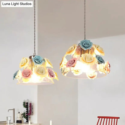 Decorbites modern glass hanging lamp 1-light pendant with transparent glass and blue-pink-yellow flower decor