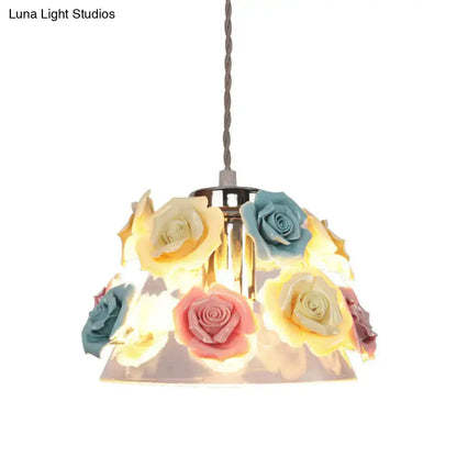 Decorbites™ modern glass hanging lamp with pastel blue-pink-yellow flower decor and transparent glass pendant light