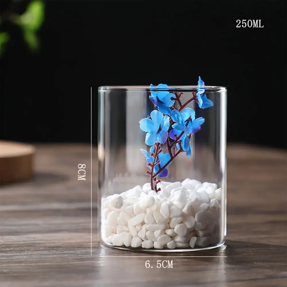 Decorbites™ modern glass hydroponic vase with white pebbles and blue artificial flowers for wedding decor