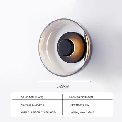 Decorbites modern glass led wall light in smoke gray glass and iron with a circular design led wall fixture