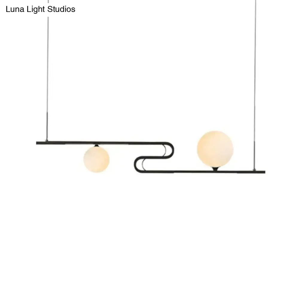 Modern black metal hanging chandelier with two frosted glass globe bulbs simplicity modo for dining hall island