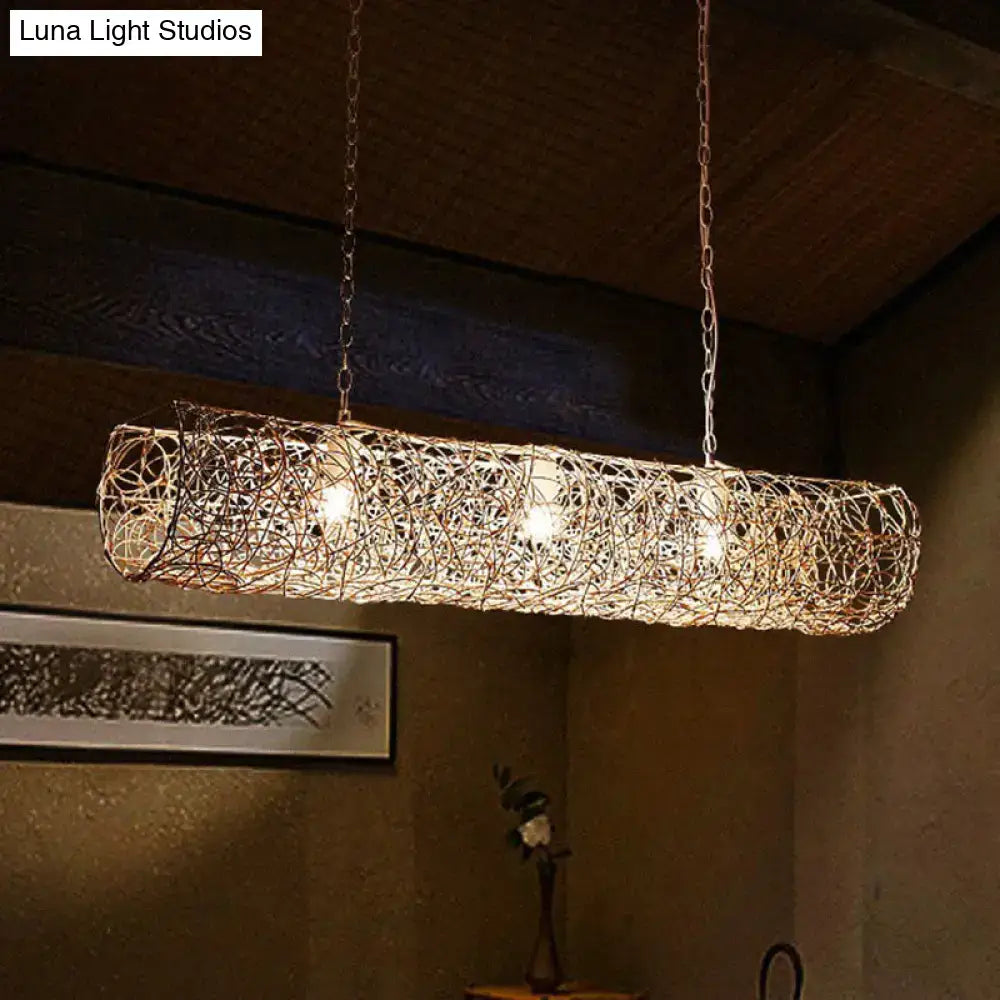 DecorBites™ modern hanging rattan ceiling light with three exposed bulbs for a stunning contemporary tea room island