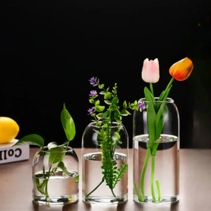 Three clear glass DecorBites™ flower vases of varying heights with artificial greenery as creative hydroponic plants