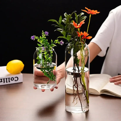 Clear glass flower vase with water holding colorful flowers creative hydroponic plant for home and wedding decor