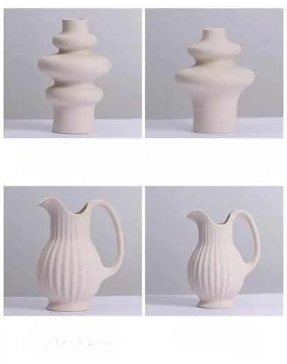 Cream-colored ins style ceramic spiral vase with sculpted undulating form and ribbed pitcher design by decorbites