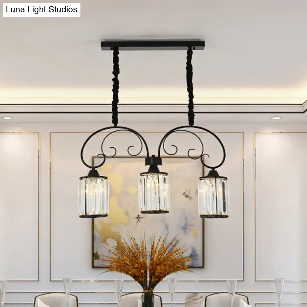 Black wrought iron DecorBites™ island light with three clear crystal glass shades suitable for 220v-240v 110v-120v use