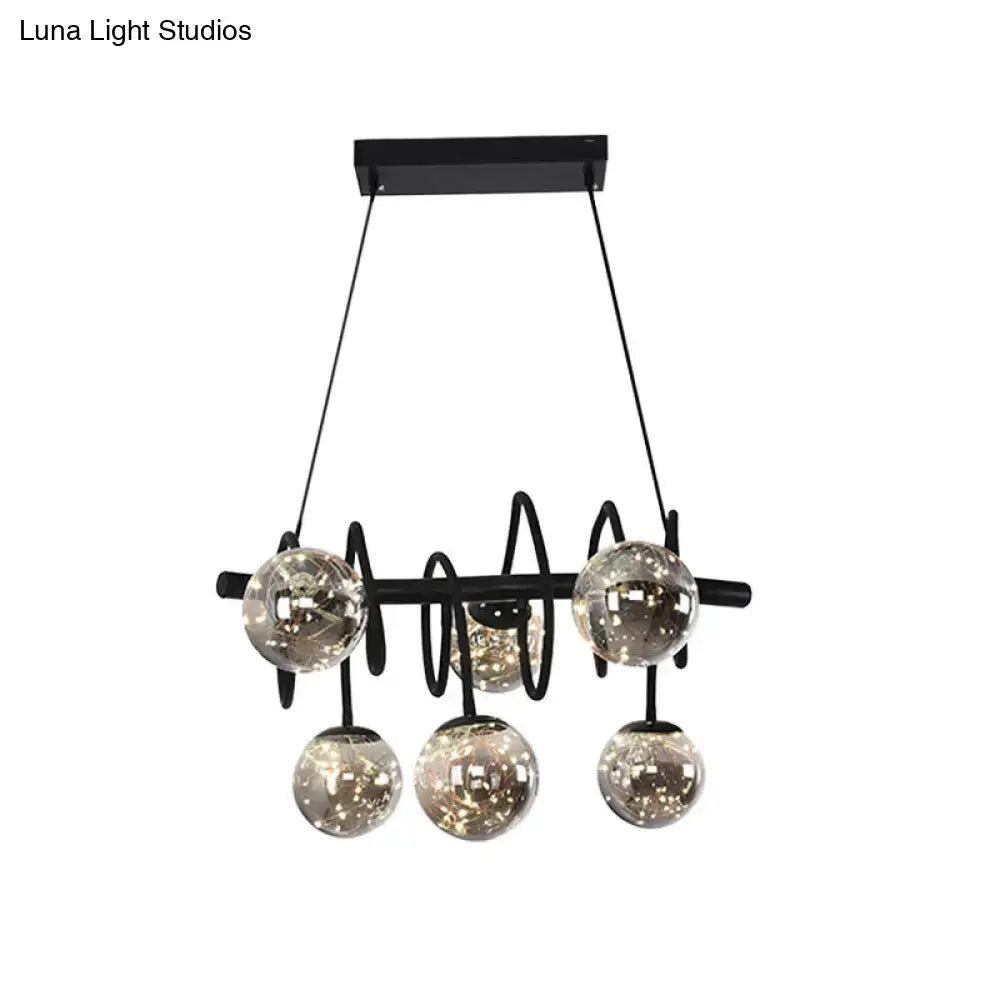 DecorBites™ modern island pendant light with black metal frame and smoke gray glass shade in spiral design with five LED globes