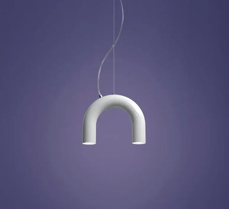 A sleek white u-shaped decorbites modern led arch chandelier with glossy finish and thin cord suspension