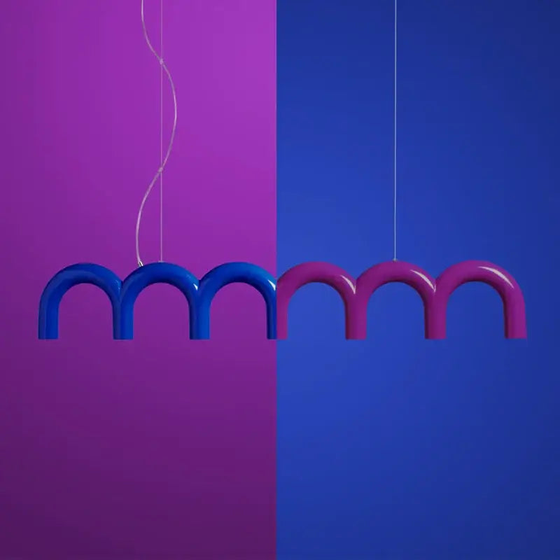 Modern hanging DecorBites™ oblure arch chandelier with glossy blue and magenta curved arches suspended by wires