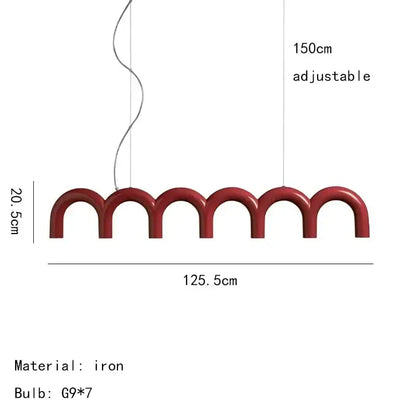 Decorbites modern red iron pendant arch chandelier with seven g9 bulbs in arched segments featuring oblure arch design