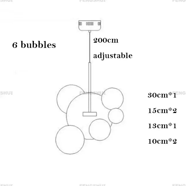 Adjustable 200cm DecorBites™ modern led bubble ball chandelier with six varying bubble-shaped globes for living room lighting