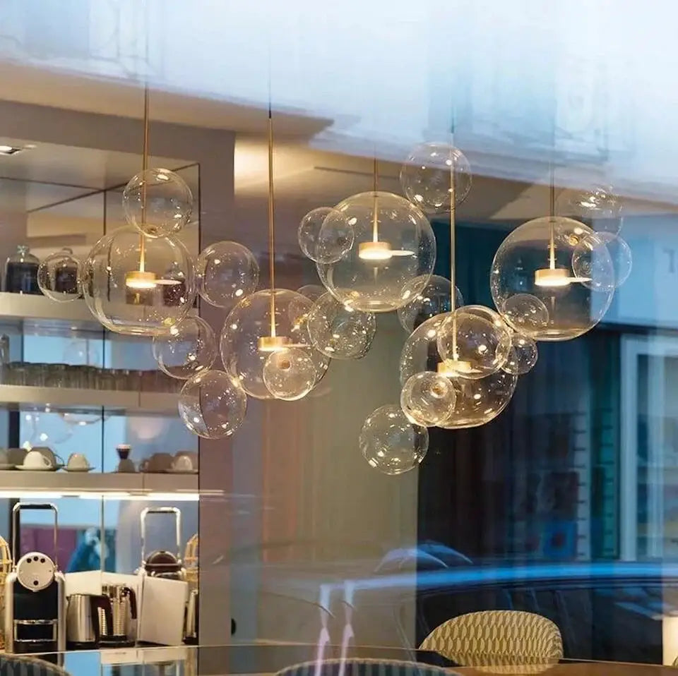 Decorbites™ modern led bubble ball chandelier with clear glass bubble pendant lights and warm golden fixtures for living room