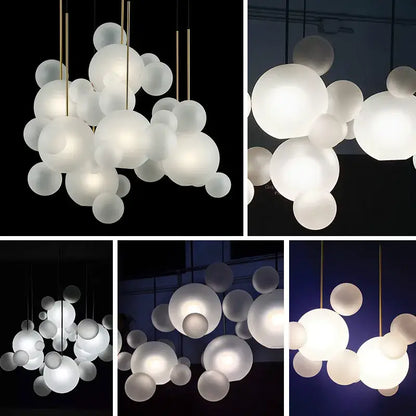 Modern led bubble ball chandelier with frosted glass spheres and gold-toned rods ideal for living room lighting
