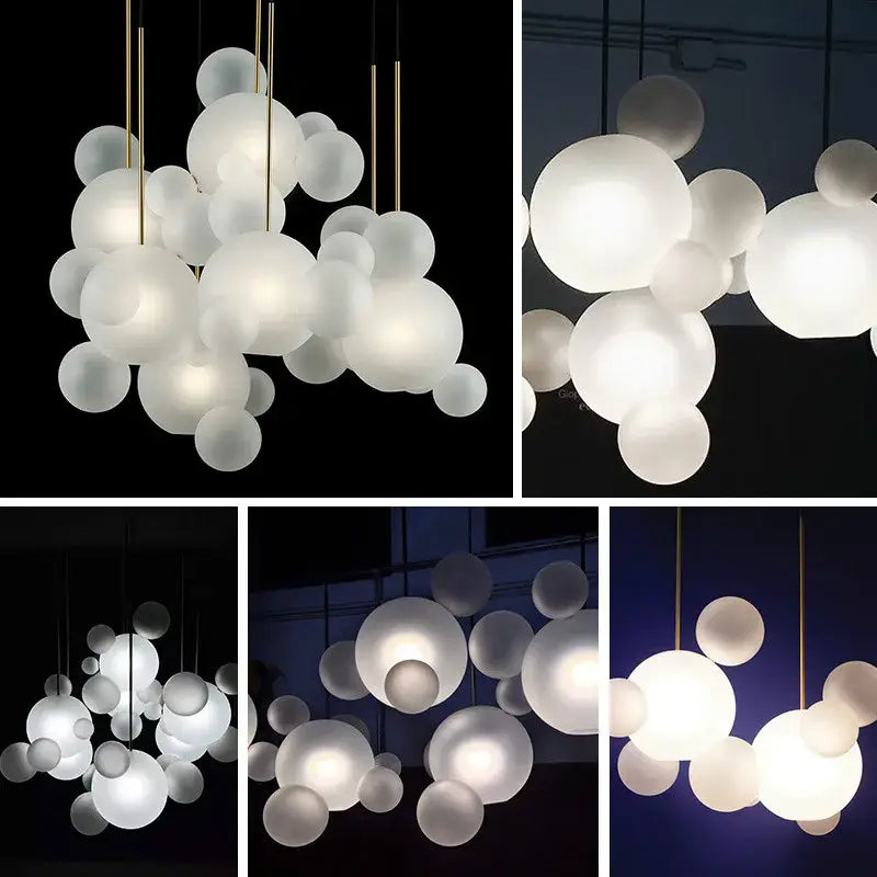 Modern led bubble ball chandelier with frosted glass spheres and gold-toned rods ideal for living room lighting