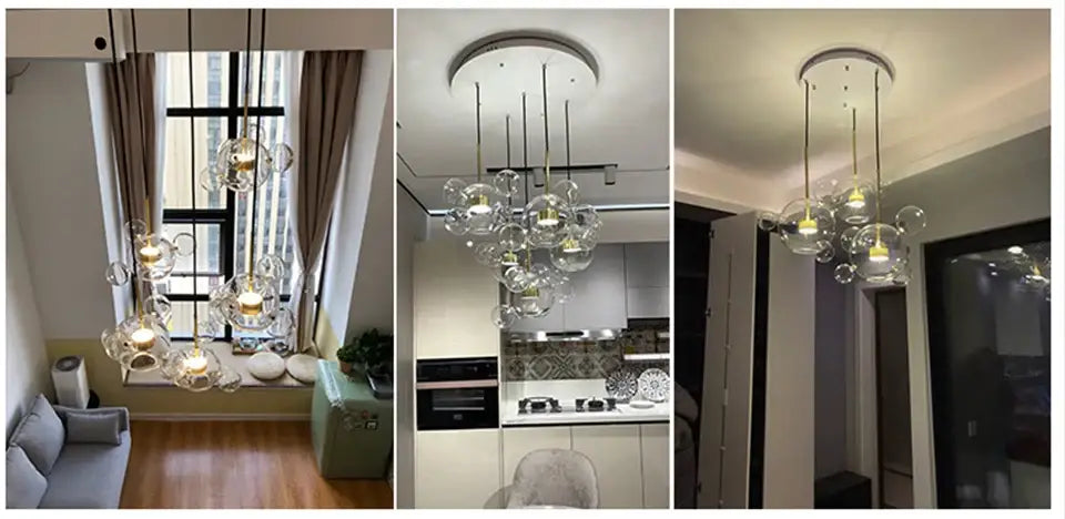 DecorBites™ modern led bubble ball chandelier with warm glass bubbles and metallic fixtures for living room use