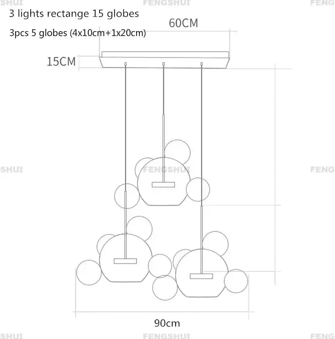 DecorBites™ modern led bubble ball chandelier with spherical globes and rectangular mount for living room lighting