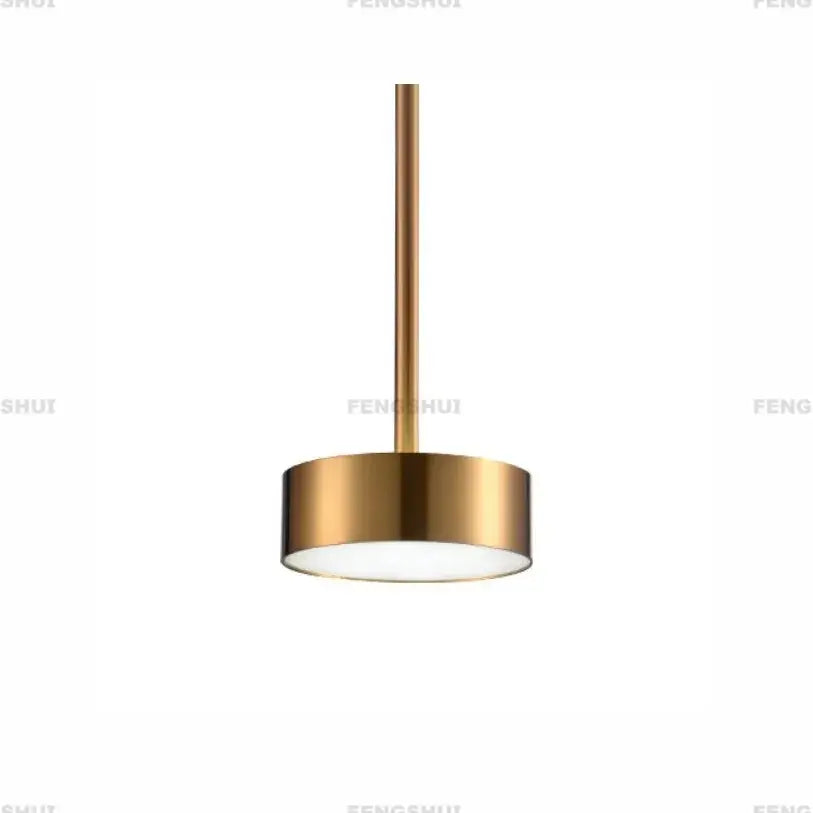 A sleek cylindrical pendant light with brushed gold finish and frosted glass diffuser for modern led bubble living room