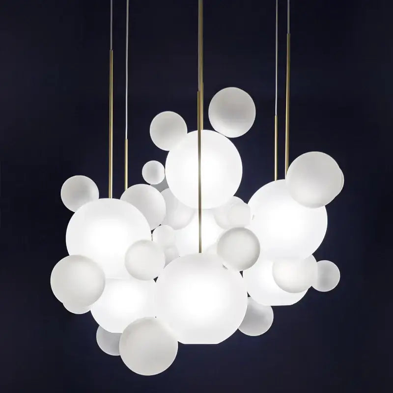 DecorBites modern led bubble ball chandelier with white spherical bubbles and gold-toned rods for living room lighting