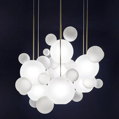 DecorBites modern led bubble ball chandelier with white spherical bubbles and gold-toned rods for living room lighting