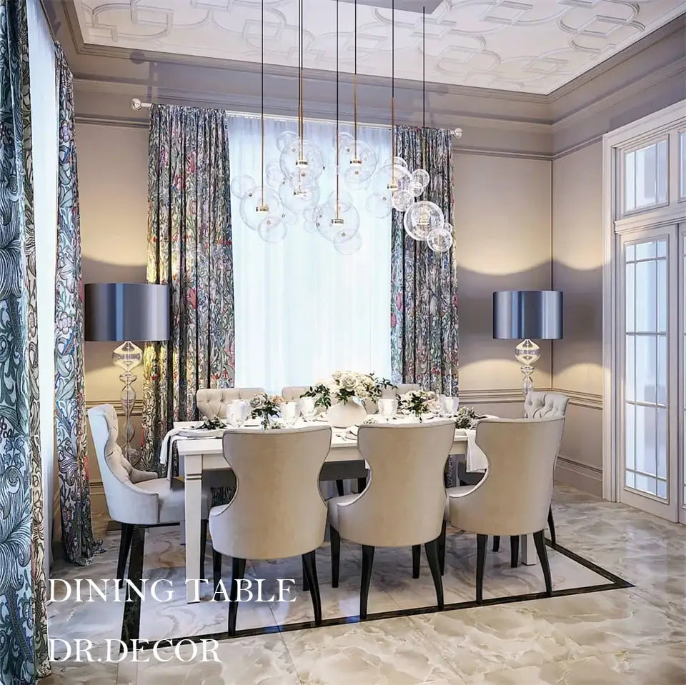 Beige upholstered dining table with sleek black legs and polished white surface under modern led bubble chandelier in elegant room