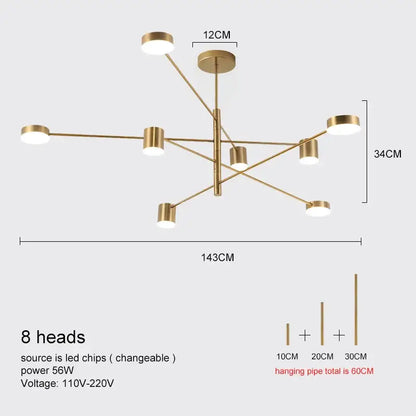 Decorbites™ modern led chandelier in gold black with eight cylindrical light heads for living room and bedroom use