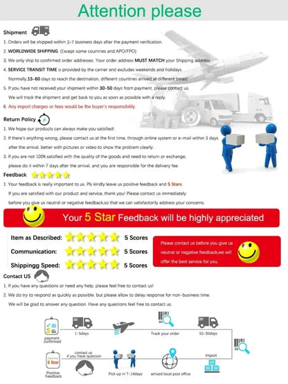 Detailed shipping and return policy infographic for decorbites™ modern led chandelier with three color options for households