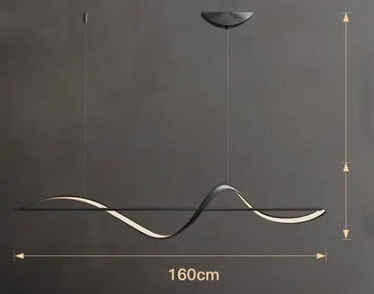 Modern minimalist pendant light with wave design in brushed metallic finish and integrated led for dining or bedroom use