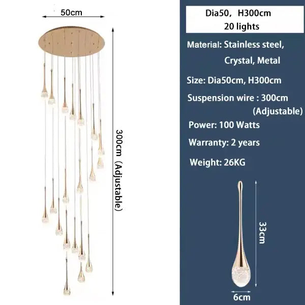 DecorBites™ modern led crystal chandelier with 50cm diameter, stainless steel top, and twenty teardrop lights