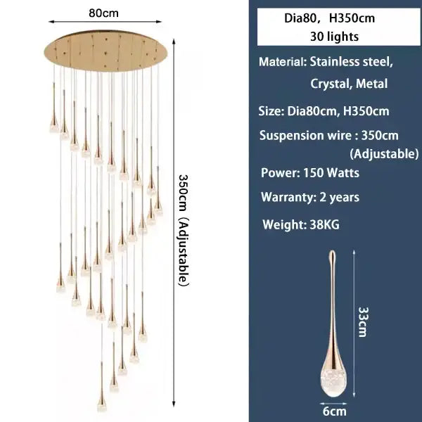 Decorbites™ modern led crystal chandelier with circular stainless steel top and 30 cascading crystal pendants