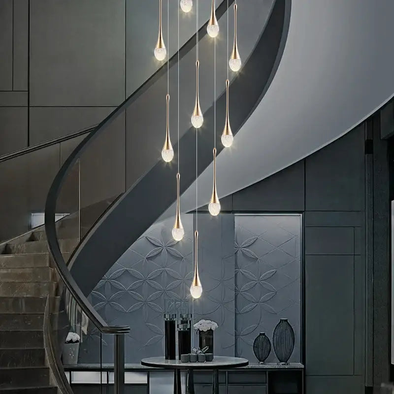 DecorBites™ modern led crystal chandelier featuring gold-toned pendant lights with frosted glass globes in cascading design