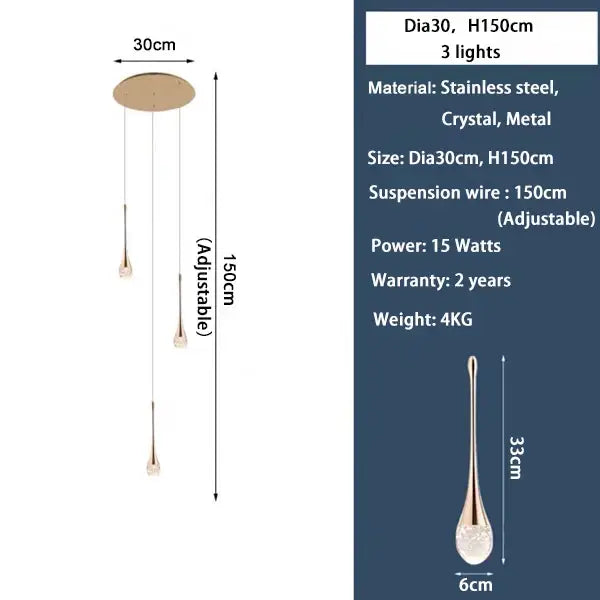 DecorBites™ modern led crystal chandelier with stainless steel mount and three adjustable crystal teardrop bulbs for home decor