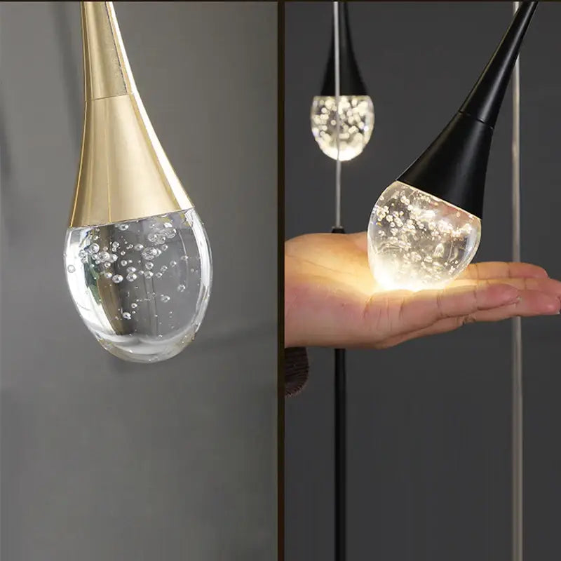 DecorBites™ modern led crystal chandelier with gold-toned metal top and clear glass bubble-filled pendant light