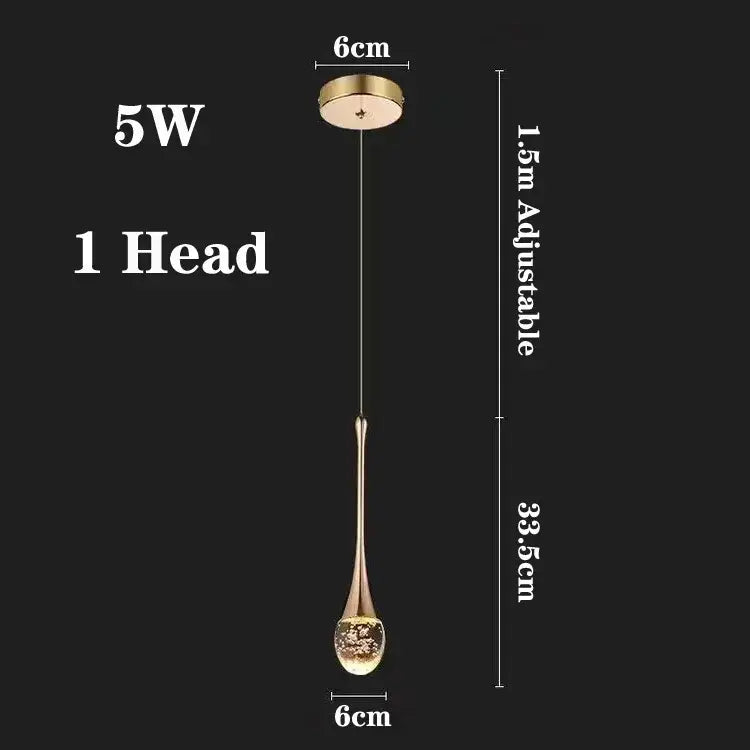 DecorBites™ modern led crystal chandelier with a gold teardrop glass shade and adjustable brass ceiling mount pendant light