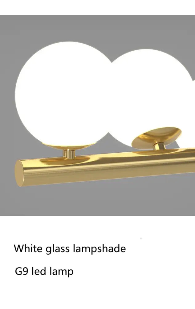 Gold-finished modern led glass chandelier with two white glass globe shades for dining room by DecorBites™