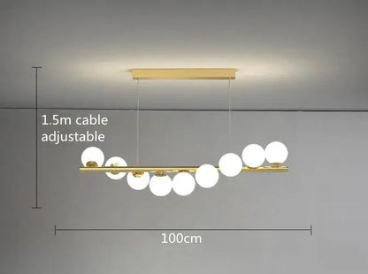 DecorBites™ modern led glass chandelier with gold-toned bar and white globes for dining room lighting