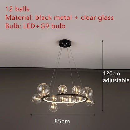 DecorBites™ modern LED glass chandelier with 12 clear glass bubbles, adjustable cord, and black metal frame