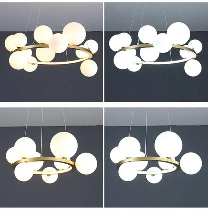 DecorBites™ modern LED glass chandelier with gold frame, frosted globes, and adjustable cord for versatile lighting