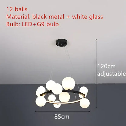 Decorbites™ modern black metal chandelier with twelve white clear glass spheres and adjustable cord for versatile lighting