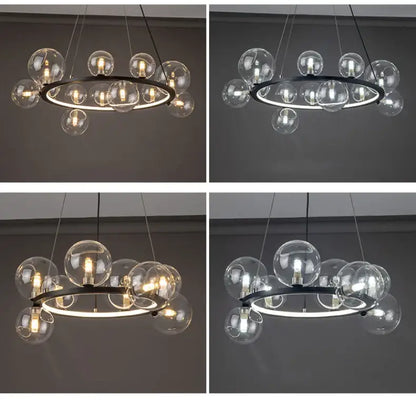 Modern black metal chandelier with clear glass bubble bulbs and adjustable cord by decorbites™ for contemporary lighting